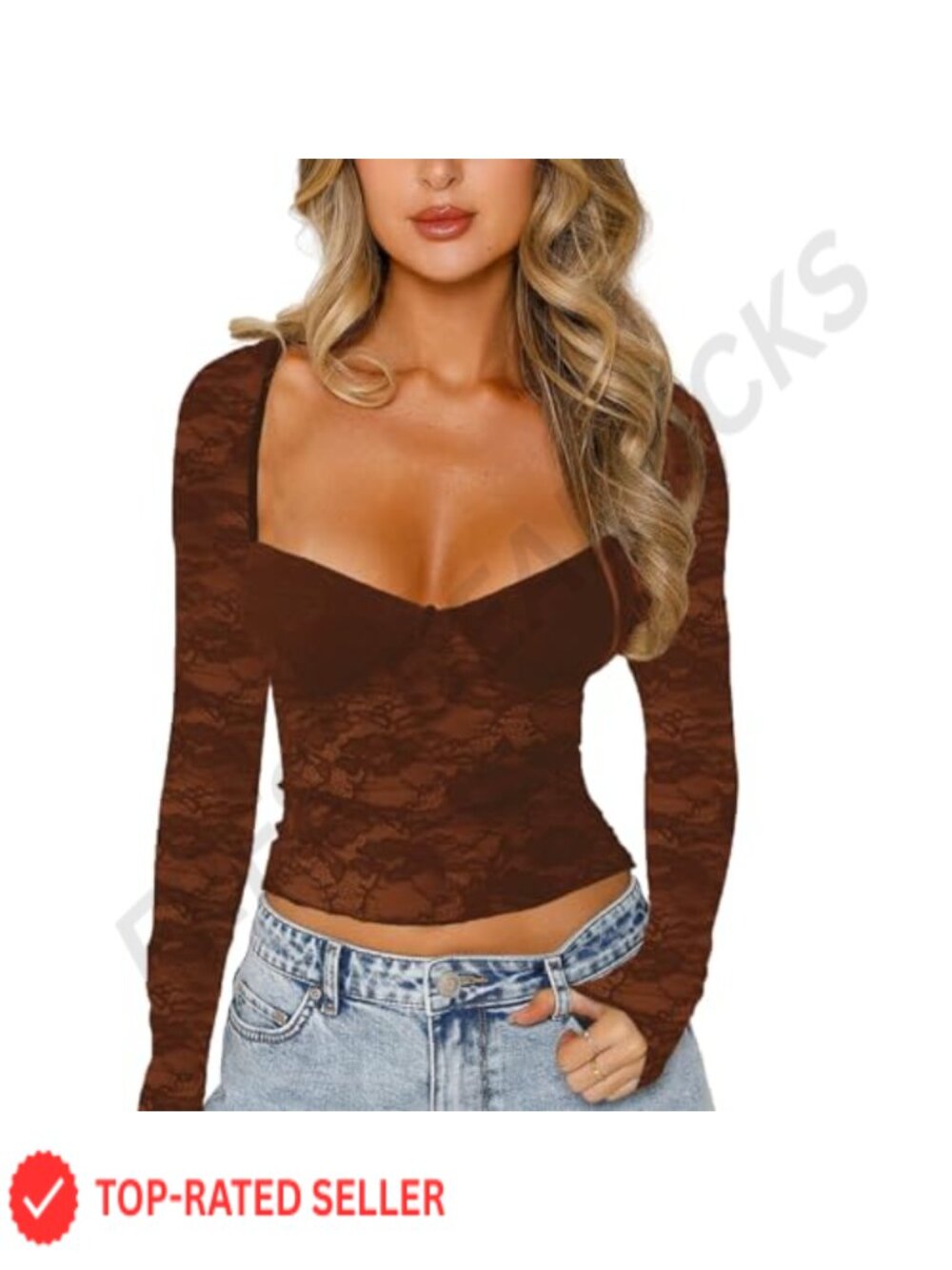 Women's Lace Long Sleeve Crop Top Y2K V Neck Sheer Shirt